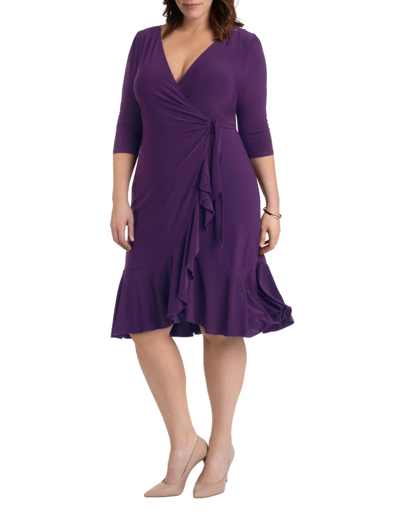 Front of a model wearing a size 0X Whimsy Ruffled Wrap Dress in PLUM PASSION by Kiyonna. | dia_product_style_image_id:279214